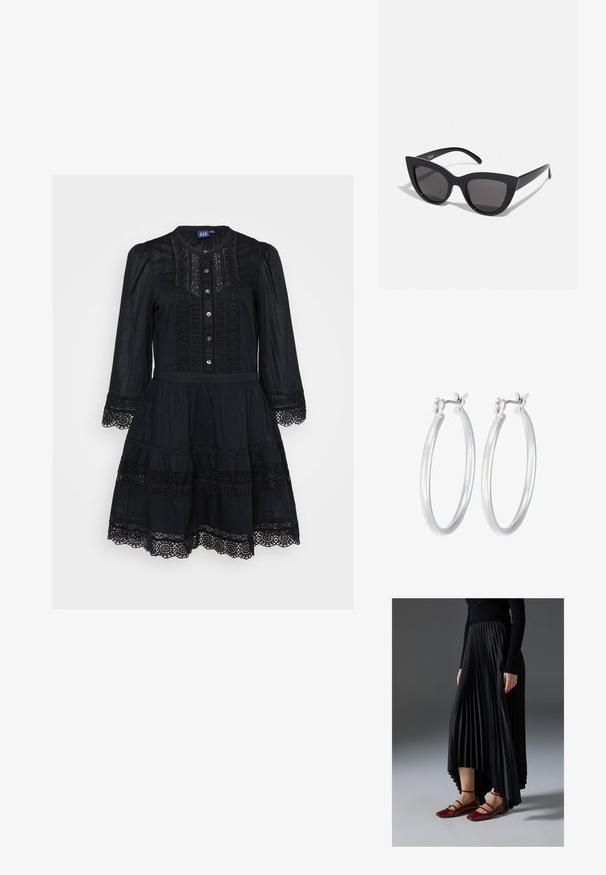 Melnas kleitas, kas izgatavota no viegla auduma, ar pogām priekšā, garām piedurknēm, mežģīņu dekorācijām un daudzslāņu svārkiem ar ieliektiem galiem.; Melna plisēta kleita ar augstu priekšpusi un zemāku aizmuguri, saskaņota ar spīdīgām sarkānām dzīvokļa kurpēm ar siksnu dizainu. Audumam ir gluda tekstūra.; Melnas kaķa acs saulesbrilles ar matētu apdari, ar pelēkiem tonētiem stikliem, izteiktiem stūriem un elegantiem sānu rokturiem. Zīmola nosaukums redzams uz iekšējā roktura.; Sudraba riņķveida auss gredzeni ar gludu, pulētu apdari. Apaļa forma un drošs klikšķa augšējais slēgums. Viegls dizains, kas piemērots ikdienas valkāšanai.