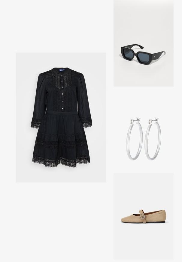 Mustas kergest kangast kleit, millel on nööbid ees, pikad varrukad, pitsdetailid ja kihiline seelik lainelise äärisega.; Bež sametist Mary Jane korterid terava ninaga ja ühekordse reguleeritava rihmaga, millel on hõbedane sang. Must lamineeritud tall.; Mustad ümmargused prillid, millel on geomeetriline disain, ristküliku kuju läätsed ja läikiv viimistlus. Ees pole nähtavat brändingut.; Hõbedased rõngaskõrvarõngad, millel on sile, läikiv viimistlus. Ümmargune kuju ja turvaline klõpsulatus. Kerge disain, sobib igapäevaseks kandmiseks.