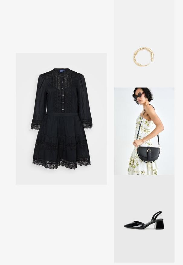 Črna obleka iz lahkega materiala, z gumbom spredaj, dolgimi rokavi, čipkastimi detajli in večplastnim krilom s valovitim robom.; Črne lakirane slingback pete s koničastim nosom in geometrijsko blokasto peto. Imajo eleganten, minimalističen dizajn in gladko teksturo.; Črna usnjena torbica s ukrivljeno obliko, z odstranljivo naramnico in zlatimi dodatki. Torbica ima pokrov s podrobnostmi v obliki zaponke.; Zlati prstan s organskim, zvitim dizajnom, gladko površino in taperiranimi konci, ki ustvarja modernega, skulpturalnega videza.