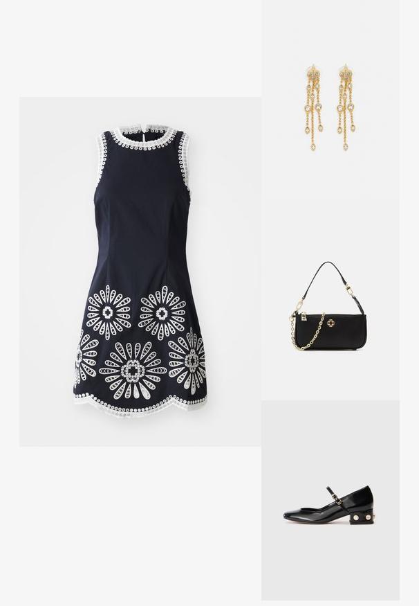 Marineblaue ärmellose Kleid mit weißen floralen Spitze-Applikationen, gewelltem Saum, rundem Ausschnitt und Knopfverschluss auf der Rückseite.; Schwarzer Lackleder-Mary-Jane-Schuh mit quadratischer Zehenpartie, Knöchelriemen und einem niedrigen Blockabsatz, verziert mit zwei goldenen Strasssteinen.; Schwarze Handtasche mit glatter Textur, ausgestattet mit einer goldenen Kettenriemen, Reißverschlussverschluss und einem dekorativen goldenen Emblem auf der Vorderseite.; Goldtonige Ohrringe mit mehreren kaskadierenden Ketten, verziert mit klaren ovalen Strasssteinen und dekorativen Ohrsteckern.