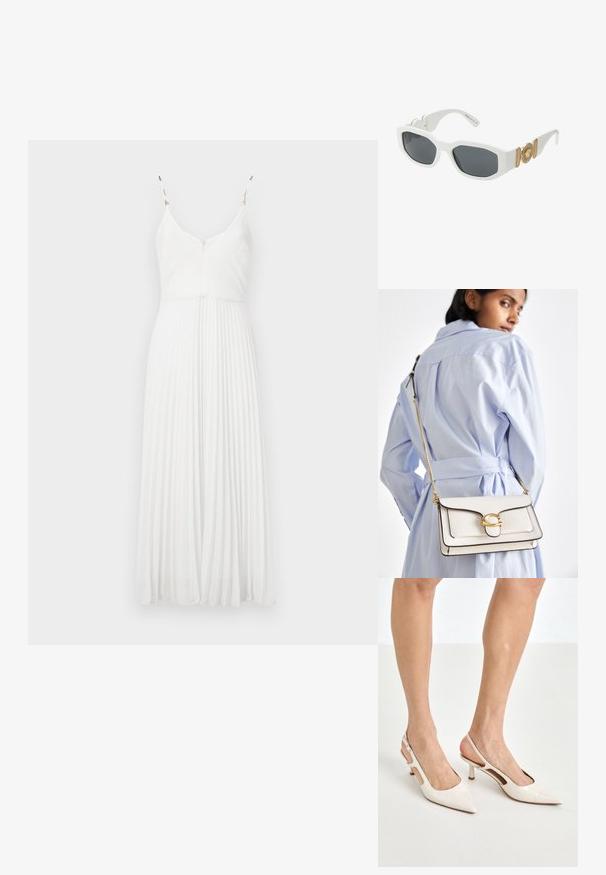 Vestido blanco con pliegues, tirantes finos, y escote en V, fabricado con un tejido texturizado. Presenta un corpiño ajustado y una falda fluida.; Tacones slingback de charol beige con punta afilada y un tacón de 5 cm, con lados recortados y una delgada correa en el tobillo.; Gafas de sol de plástico blanco con lentes gris oscuro, con un detalle de emblema dorado y acentos texturizados en las patillas. Forma cuadrada.; Bolso de cuero blanco con herrajes dorados, una solapa en la parte frontal y borde negro, con una cadena que se lleva cruzado sobre una camisa de color azul claro.