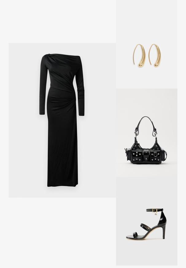 Mustapituinen pitkähihainen mekko, joka on valmistettu roikkuvasta kankaasta. Siinä on epäsymmetrinen pääntie ja kerätty yksityiskohta yhdellä puolella, ja se ulottuu lattiaan.; Musta patentoitu nahkasandaali, jossa on kolme hihnaa, nilkkasolki ja 4 tuuman stiletto-korko. Varustettu kultaisilla yksityiskohdilla ja logokoristeella.; Musta nahkainen käsilaukku, jossa on kaareva muotoilu, hopeiset niitit, solki ja kaksi sivutaskua. Säädettävä olkahihna erilaisiin kantovaihtoehtoihin.; Korvakorut kultasävytteistä metallista, joissa on kaareva, pitkänomainen muoto. Ominaisuuksiin kuuluu sileä, kiiltävä pinta ja pyöreä kärki lisäyksinä.