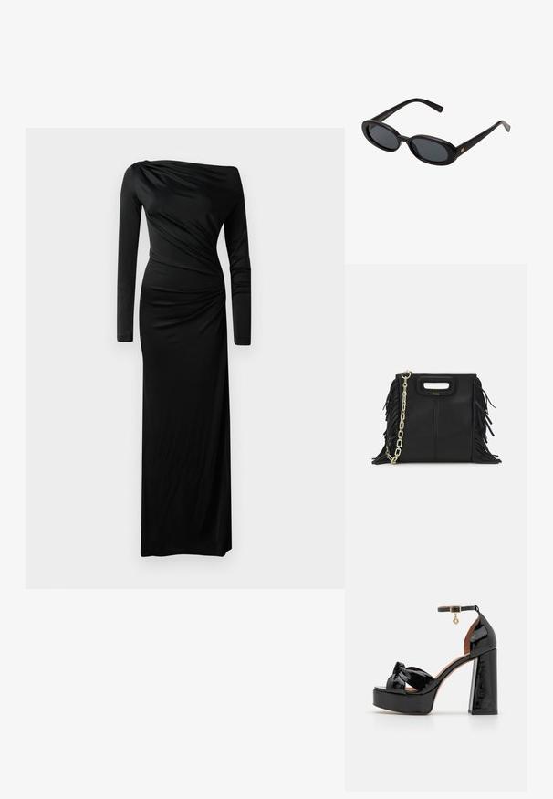 Fekete, hosszúujjú ruha, drapált anyagból készült. Aszimmetrikus nyakkivágással és egy oldalon ráncolt részletekkel rendelkezik, földig érő kivitel.; Maje Magas sarkú szandálok - noir; Fekete, oversize napszemüveg ovális lencsékkel, sima műanyag kerettel és arany részletekkel a fülpánton. Sötét lencséi védelmet nyújtanak a napfény ellen.; Fekete bőr kézitáska, frufrus részletekkel, arany láncos vállpánttal és kivágott fogantyúval. Az elülső részen logó található.