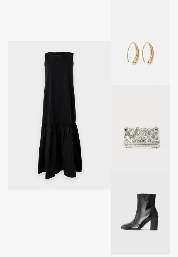 Zwarte mouwloze jurk met een aansluitend bovenstuk en een uitlopende, geplooide onderkant. Gemaakt van zachte stof, heeft een ronde halslijn en een lengte tot halverwege het scheenbeen.; Zwarte leren enkelboot met een gladde textuur, spitse neus en een gedurfde hoge hak. Beschikt over een zijopening en een minimalistisch ontwerp.; Zilverkleurige metalen handtas met kettinghandgreep, gequiltte textuur, decoratieve stiksels en een ritssluiting. Kenmerkt gegraveerde accenten aan de voorkant.; Gouden metalen oorbellen in de vorm van een gebogen, verlengde hoop. Kenmerkend zijn het gladde, glanzende oppervlak en de afgeronde punt voor extra detail.