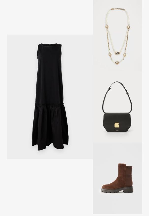 Black sleeveless dress with a fitted top and a flared, gathered bottom. Made from soft fabric, features a round neckline and mid-calf length.; Brown suede ankle boot with elastic side panels, rounded toe, and a thick rubber sole featuring a textured tread pattern.; CLOSED CLOSED ONE - Cross body bag - black; Pearl necklace featuring gold accents with three gem-encrusted settings and a braided chain section. Color palette includes white and gold.