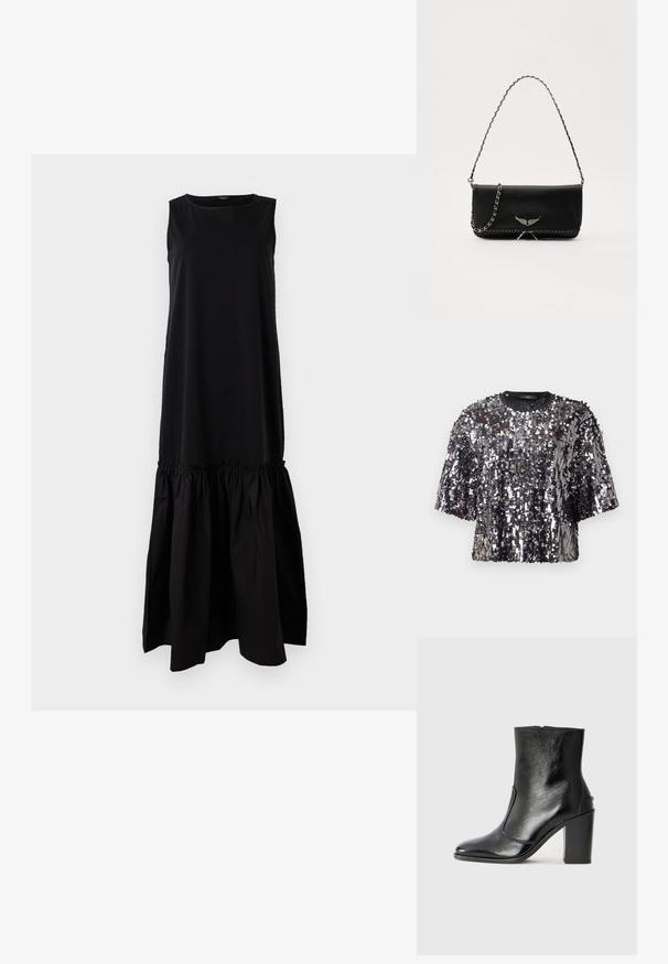 Fekete ujjatlan ruha, amelynek illeszkedő felső része és csípősen bővülő alsó része van. Puha anyagból készült, kerek nyakkivágással és a térd középig érő hosszúsággal.; Fekete és ezüst színű flitteres anyagból készült, rövid ujjú felső, lekerekített nyakkivágással és laza szabással. Tükröződő felület, textúrált megjelenéssel.; Fekete bőr bokacipő sima textúrával, hegyes orral és vastag, magas sarkával. Oldalnyílással és minimalista dizájnnal rendelkezik.; Fekete bőrtáska ezüstlánc pánttal, díszes szárnyakkal és fehér varrással az alsó varrat mentén.