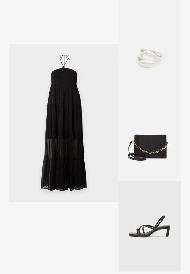 Melns strapless maksi kleita ar smockētu krūšu daļu, slāņotiem elementiem un nedaudz caurspīdīgu audumu. Iespējams pielāgot plānas siksniņas.; Melnas strappy sandales ar kvadrātveida purngaliem un zemu bloku papēdi. Ievērojamas ar vairākiem plāniem siksniņām un regulējamu potītes siksniņu. Izgatavotas no gludas ādas.; Melna ādas crossbody soma ar gludu faktūru, taisnstūrveida formu un metalizētu ķēdes detaļu priekšā. Iekļauta regulējama siksna.; Sudraba divu joslu gredzens ar gludu, pulētu virsmu. Iezīmējas ar plūstošu, izliekta dizaina struktūru ar pārklājošām sekcijām modernam izskatam.