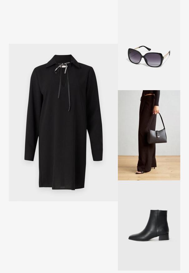 Svart langermet kjole med krage, med nøkkelhullsutsnitt og bånddetalj. Glatt stoff med rett snitt og sideslisser.; Svarte lær ankelsko med spiss tå og lav blokkhæl, med en glatt tekstur og minimalistisk design.; Sorte oversized solbriller med gradient linser, tykke rammer og detaljering med gulltonekjede på tempelarmene.; Svart håndveske med strukturert form, jevn tekstur og metallisk lås. Kombinert med brede svarte bukser og sandaler med åpen tå på tregulv.