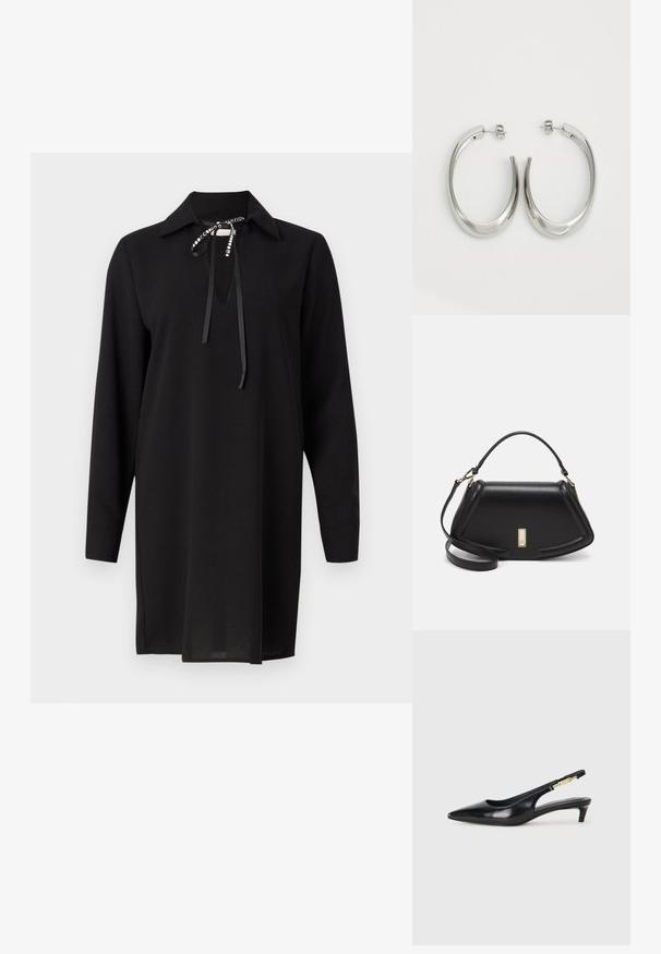 Vestido negro de manga larga con cuello, que presenta un escote de ojal y un lazo decorativo. Tejido suave con un corte recto y aberturas laterales.; Tacones negros de piel sintética tipo slingback con punta afilada, que cuentan con un tacón delgado y un detalle en tono dorado en la correa ajustable. Textura suave.; Bolso de mano de cuero negro con un diseño estructurado, que presenta una forma recortada, asa superior y acentos en dorado. Correa de hombro ajustable incluida.; Pendientes de aro de plata con un diseño curvado y suave. Presentan un acabado metálico brillante y cierre de presión. Sin patrones ni acentos visibles.