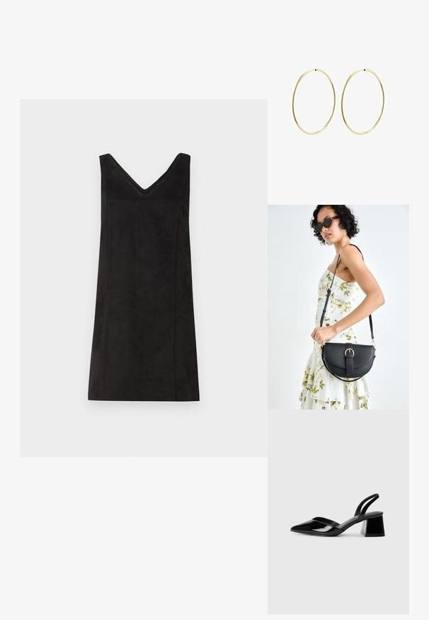 Juoda be rankovių suknelė su V formos iškirpte, pagaminta iš minkštos medžiagos, turinti tiesų kirpimą ir minimalų dekoravimą. Lygus paviršius.; Juodos lakuotos odinės šlepetės su smailiu pirštu ir geometriniu bloko kulnu. Turi elegantišką, minimalistinį dizainą ir lygų paviršių.; Juodas odinis krepšys su išlenkta forma, nuimamu dirželiu ir auksiniais detalėmis. Krepšys turi kilpą su sagtimi.; Aukso žiediniai auskarai su lygiu, suapvalintu dizainu. Ploni ir lengvi, su nuolatiniu kilpeliu be jokio papuošimo.