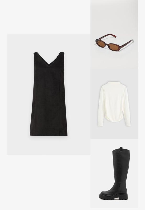 Svart ermeløs kjole med V-hals, laget av et mykt materiale, med rett snitt og minimal detaljering. Glatt tekstur.; Langermet topp i kremfarget stoff, med lett gathering på sidene og klassisk krage. Glatt tekstur, enkelt design.; Knærhøye svarte sko i imitert skinn med en kraftig plattformsåle, rund tå og en glidelås øverst. Glatt tekstur og minimalistisk design.; Runde, brune solbriller med en blank burgunderfarvet ramme. Slanke arme med subtile brandingdetaljer. Flad linse design.