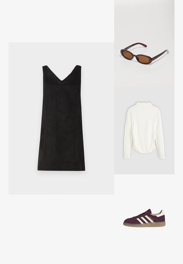 Rochie neagră fără mâneci, cu decolteu în V, realizată dintr-un material moale, având o croială dreaptă și detalii minime. Textură netedă.; Bluză cu mânecă lungă dintr-un material de culoare crem, cu o ușoară adunare pe laterale și un guler clasic. Textură netedă, design simplu.; Adidași din suede bordeaux cu trei dungi albe și accente bej. Prezintă o talpă din cauciuc texturată și un branding de aur pe lateral.; Ochelari de soare rotunzi, cu nuanțe de brown și cu un cadru lucios de burgund. Brațe subțiri cu detalii subtile de branding. Design cu lentile plate.; Geantă din piele împletită, de culoare maro, cu o formă triangulară, lejeră. Are un mâner împletit și închidere cu fermoar pe partea superioară.