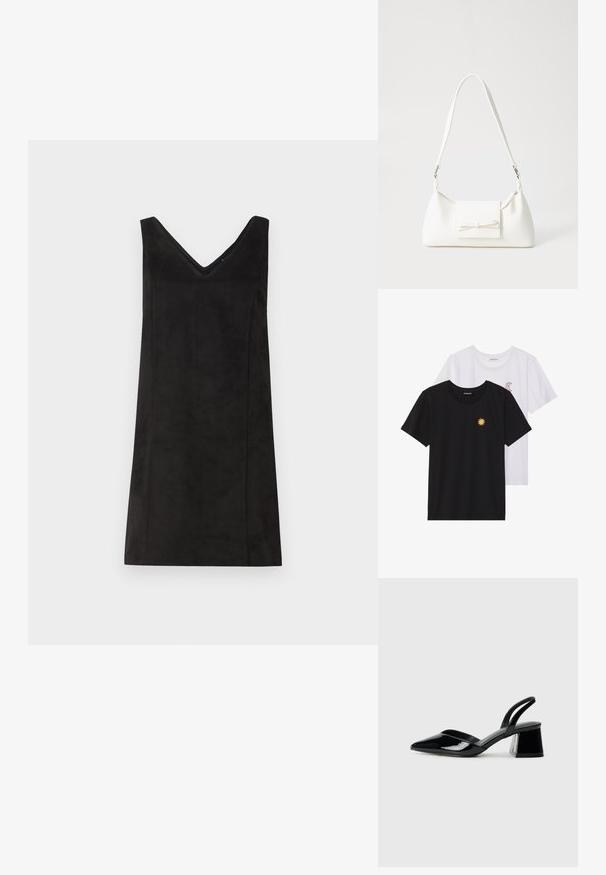 Svart ermeløs kjole med V-hals, laget av et mykt materiale, med rett snitt og minimal detaljering. Glatt tekstur.; Svarte og hvite T-skjorter, rund hals, korte ermer. Den svarte T-skjorten har gul brodering av en sol; den hvite har lilla halvmåne-detaljer.; Svarte patentlær slingback hæler med spiss tå og geometrisk blokk hæl. Har et stilrent, minimalistisk design og jevn tekstur.; Hvit syntetisk håndveske med trekantet form, flat klaff foran og sløyfe detaljer, justerbar stropp, glatt tekstur og minimalistisk design.