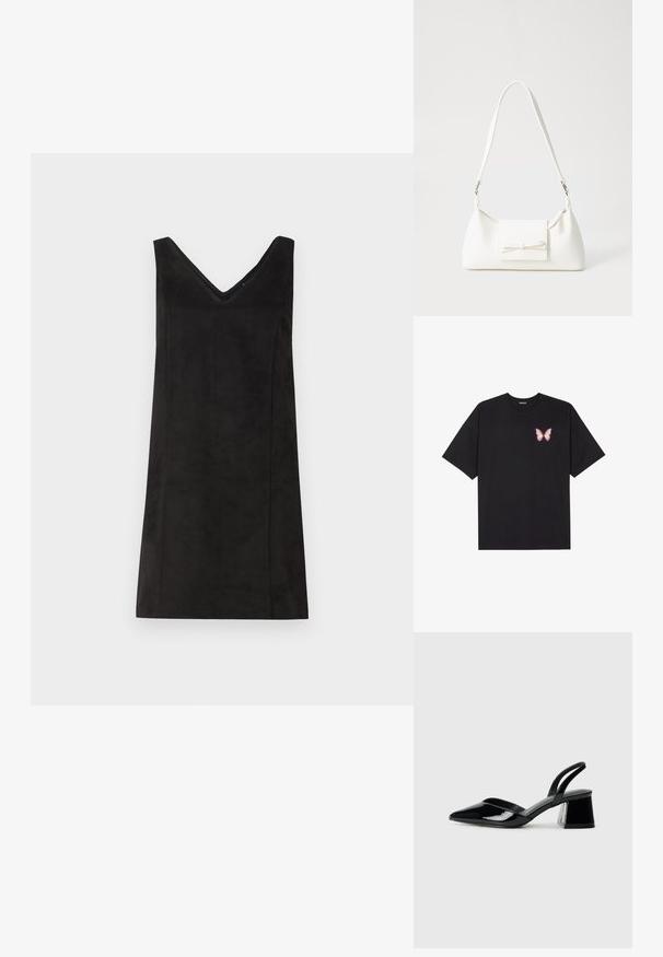 Melna bezdiega kleita ar V-veida kakla izgriezumu, izgatavota no mīkstas auduma, ar taisnu piegriezumu un minimālu detaļu skaitu. Gluda tekstūra.; Melna kokvilnas T-krekls ar īsām piedurknēm, kuram priekšā kreisajā pusē ir neliels rozā tauriņa grafiskais attēls. Ar apaļu kaklu un brīvā stila piegriezumu.; Melna lakota āda ar atvērto papēdi, ar smailu purngalu un ģeometrisku blokpapēdi. Iezīmējas elegants, minimāls dizains un gluda tekstūra.; Balta sintētiska soma ar trīsstūrveida formu, plakanu priekšējo vāciņu un loku detaļu, regulējamu siksnu, gludu tekstūru un minimālistisku dizainu.