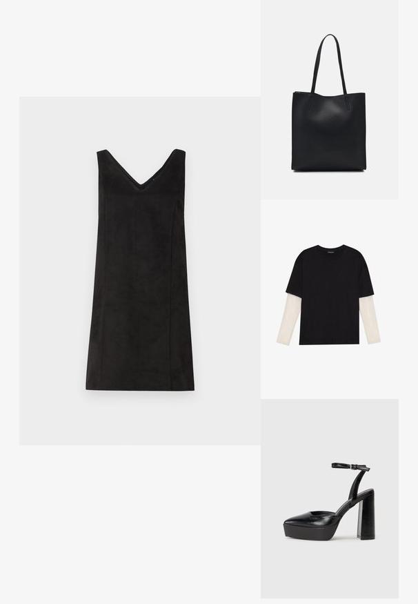 Juoda be rankovių suknelė su V formos iškirpte, pagaminta iš minkštos medžiagos, turinti tiesų kirpimą ir minimalų dekoravimą. Lygus paviršius.; Juodas medvilninis marškinėliai su trumpomis rankovėmis, virš baltos ilgo rankovio sluoksnio, turinčio subtilų tekstūrinį raštą. Apvalus iškirpimas.; Juodi platforminiai aukšti kulniukai su smailiu kojų pirštu ir reguliuojamu kulkšnies dirželiu. Pagaminti iš lygaus odos, turi masyvų blokinį kulną.; Juodas odinis tote krepšys su lygia tekstūra, stačiakampio formos ir dviem ilgais rankenomis. Matomų metalinių detalių ar puošybos nėra.