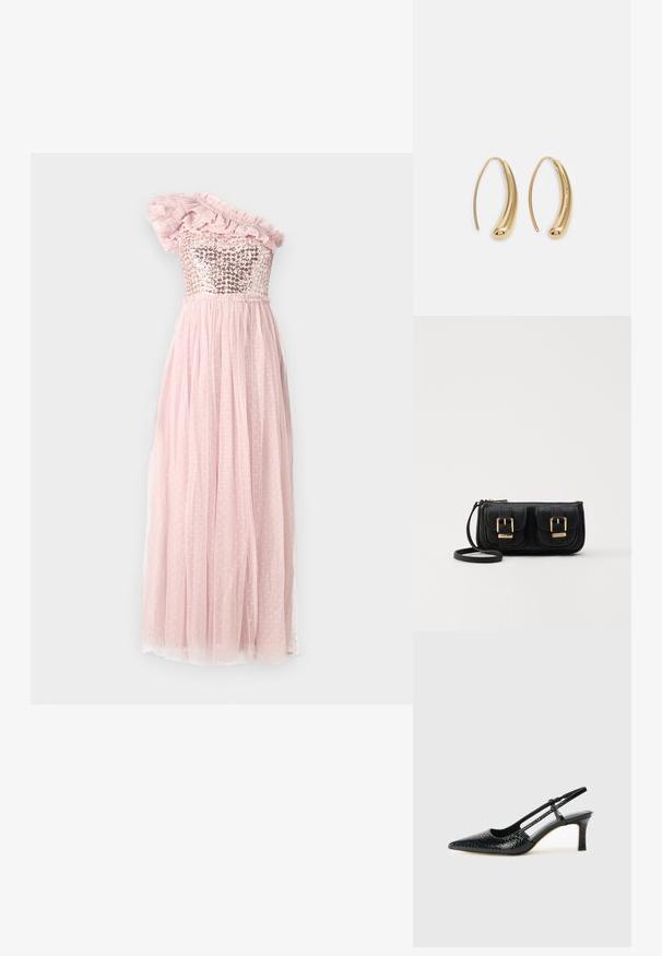 Eén-schouder jurk met een sequined lijfje, rimpelende tule accent en een vloeiende roze rok met stippenstructuur, gather taille.; Zwart patent slingback hak met een spitse neus, voorzien van een gestructureerde slangenprint, verstelbare band en een korte, gestructureerde blokhak.; Zwarte leren schoudertas met twee vo pockets, gouden gespen, ritsluiting en een smalle band. Tekstuur oppervlak en compacte rechthoekige vorm.; Gouden metalen oorbellen in de vorm van een gebogen, verlengde hoop. Kenmerkend zijn het gladde, glanzende oppervlak en de afgeronde punt voor extra detail.
