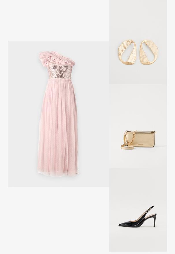 Eén-schouder jurk met een sequined lijfje, rimpelende tule accent en een vloeiende roze rok met stippenstructuur, gather taille.; Zwarte gepatineerde leren slingback pump met een puntige neus, slanke hak en een subtiel uitgesneden ontwerp. Bevat een gouden gesp op de band.; Metalen gouden leren clutch met een gestructureerde afwerking, voorzien van een gouden kettingband en een afneembare schouderband. Merkenlogo in reliëf.; Een paar onregelmatig ovale, gouden metalen oorbellen met een gestructureerd, lichtgehamerd oppervlak op een witte achtergrond.