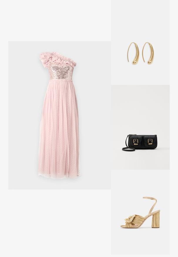 Egy vállra akaszható ruha, flitteres felsőrésszel, fodros tüll díszítéssel és hullámzó, pöttyös textúrájú rózsaszín szoknyával, összehúzott derékkal.; Arany sarkú szandálok, elől megkötve, pliszírozott textúrával és boka pánttal. A blokksarok bordázott mintázattal rendelkezik, amely javítja a tapadást.; Fekete bőr keresztbody táska két elülső zsebbel, arany csattokkal, cipzáras záródással és vékony pánttal. Textúrált felület és kompakt téglalap alak.; Aranyszínű fémből készült karika fülbevalók ívelt, hosszúkás formával. Simaságával és fényes felületével, valamint lekerekített végével további részletekkel bővül.