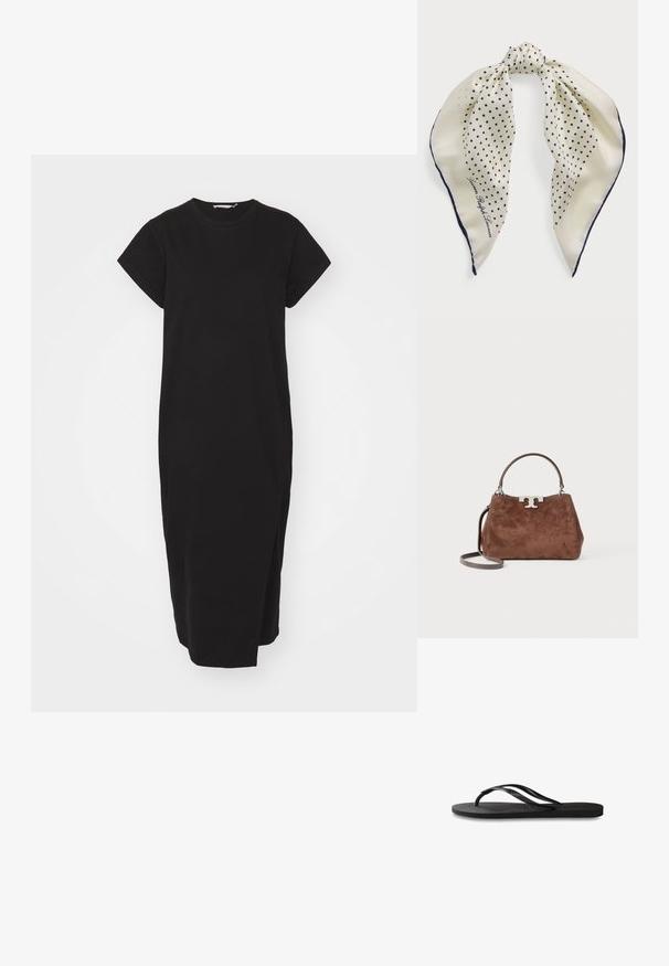 Czarna bawełniana sukienka z krótkimi rękawami, okrągłym dekoltem i prostą sylwetką. Posiada boczne rozcięcia, które zapewniają swobodę ruchów.; Czarne klapki z teksturowaną gumową podeszwą, dwiema smukłymi paskami oraz subtelnym, wytłoczonym logo na pasku.; Jedwabny szalik w kremowym tle z granatowymi kropkami, związany na środku; granatowa obręcz; zawiera napis "Lauren Ralph Lauren."; Brązowa torebka z zamszu o wyraźnym kształcie, ze srebrnym logo, krótkim uchwytem i odpinanym paskiem na ramię. Gładka tekstura, minimalistyczny design.