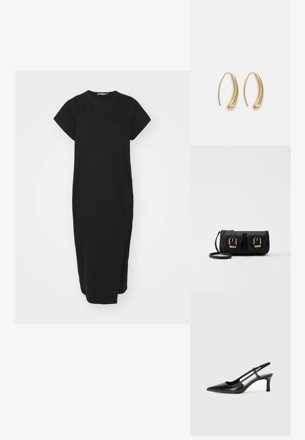 Melnas kokvilnas kleitas ar īsām piedurknēm, apaļu dekoltē un taisnu siluetu. Iezīmē sānu šķēlumi, kas nodrošina ērtību kustībai.; Melna patent āda ar slīdošo papēdi un smailo purngalu, ar teksturētu čūsku drukājumu, regulējamu siksniņu un īsu teksturētu blokpapēdi.; Melnas ādas crossbody soma ar divām priekšējām kabatām, zelta sprādzēm, ar rāvējslēdzēju aizdari un šauru siksnu. Strukturēta virsma un kompakta taisnstūra forma.; Zelta toņu metāla gredzena auskari ar izliektu, pagarinātu formu. Ar gludu, spīdīgu virsma un noapaļotu galu papildu detaļām.