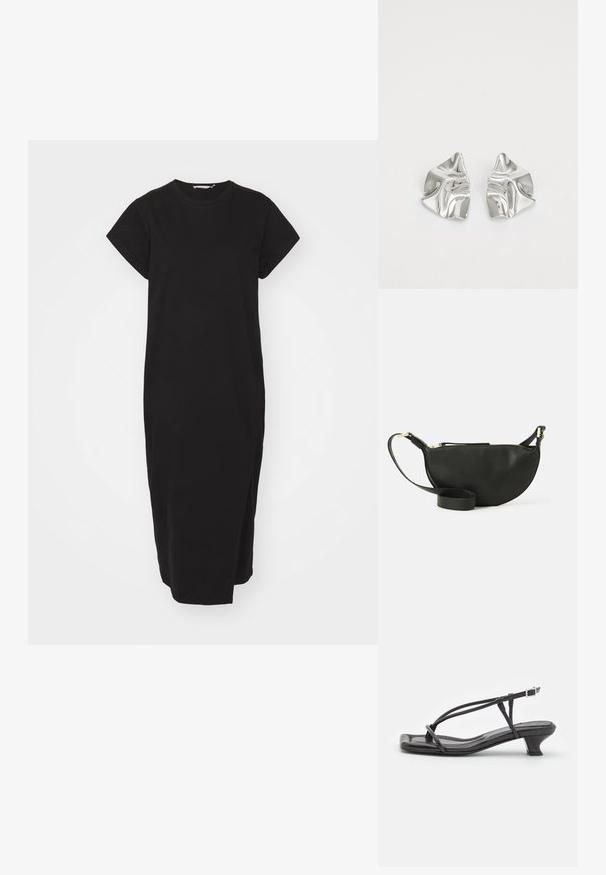 Must musträäk, millel on lühikesed varrukad, ümar kaelus ja sirge siluett. Omab külgsuletusi, et tagada liikumise mugavus.; Must must sandaalid, millel on õhukesed rihmad, madal plokknina ja ruudukujuline varvas. Omab kinnitust nahkel ja sile pind.; Mustmust kott poolkuu kuju, tekstuurse pinnaga, kuldne tõmblukk ja lame rihm. Kompaktne disain, mis sobib igapäevaste essementide jaoks.; Hõbedased metallkõrvarõngad lainelise, skulpturaalse disainiga, millel on poleeritud viimistlus ja ebaregulaarsed kujundid, rõhutades kaasaegset esteetikat.