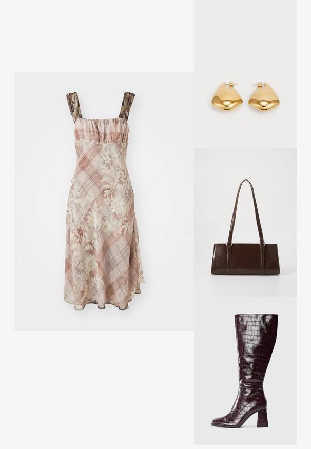 Rochie cu model floral în nuanțe de roz, având un decolteu cu volane și bretele subțiri. Materialul are o textură transparentă cu un design în carouri.; Cizma de culoare burgundy închis, până la genunchi, cu textură de crocodil și toc pătrat, pe un fundal alb, văzută din lateral.; Geantă din piele patent maro, cu o formă rectangulară, două mânere lungi și accente ușor curbe pe față.; Cercei din metal de culoare aurie, cu o formă triangulară rotunjită și un design cu prindere pe spate; suprafață reflectorizantă cu detalii minime.