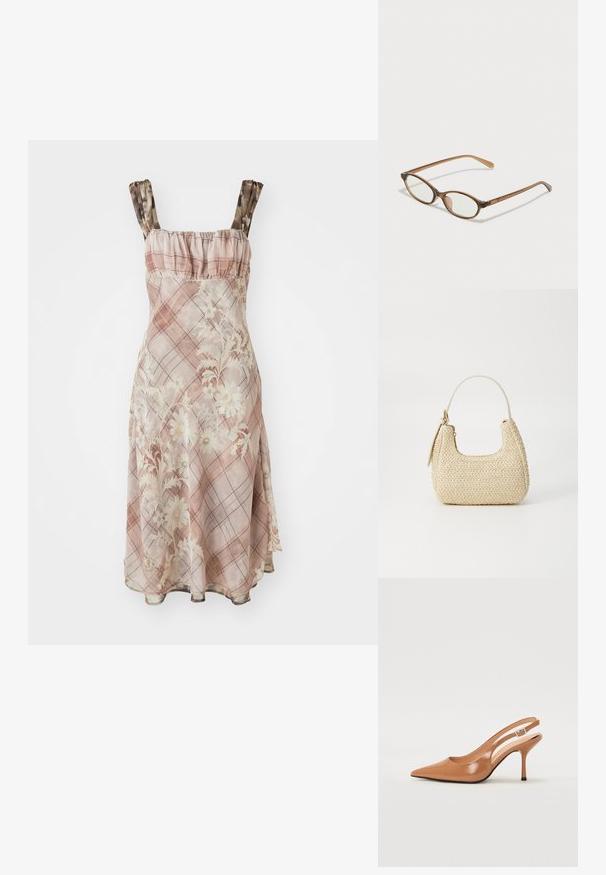 Vestido de estampado floral en rosa, con un escote ruffled y tirantes finos. La tela tiene una textura transparente con un diseño a cuadros.; Zapato de tacón tipo slingback con punta afilada en un material suave y brillante de color marrón. Presenta un diseño con corte curvado y un tacón de aguja delgado. Detalle de hebilla plateada.; Gafas de carey marrón con lentes ovalados, patas delgadas y acentos transparentes. Presenta un sutil logo en la varilla. Diseño elegante y ligero.; Bolso de paja tejido en beige con forma curva, una asa corta y un zipper lateral. Presenta una superficie texturizada y un diseño minimalista.