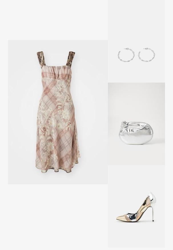Robe à motifs floraux en rose, avec un col en dentelle et des bretelles spaghetti. Le tissu a une texture légère avec un design à carreaux.; Chaussure à talon aiguille à bout pointu avec un schema de couleurs argent, or et nude. Fini brillant avec un design découpé, dotée d'un talon stiletto.; Pochette en métal argenté avec une forme douce et arrondie et un fermoir en haut noué. Fabriquée en simili cuir lisse.; Boucles d'oreilles en argent en forme de créoles avec un design torsadé, dotées d'une finition polie et d'une fermeture à poussoir. Mesurent environ 3 cm de diamètre.
