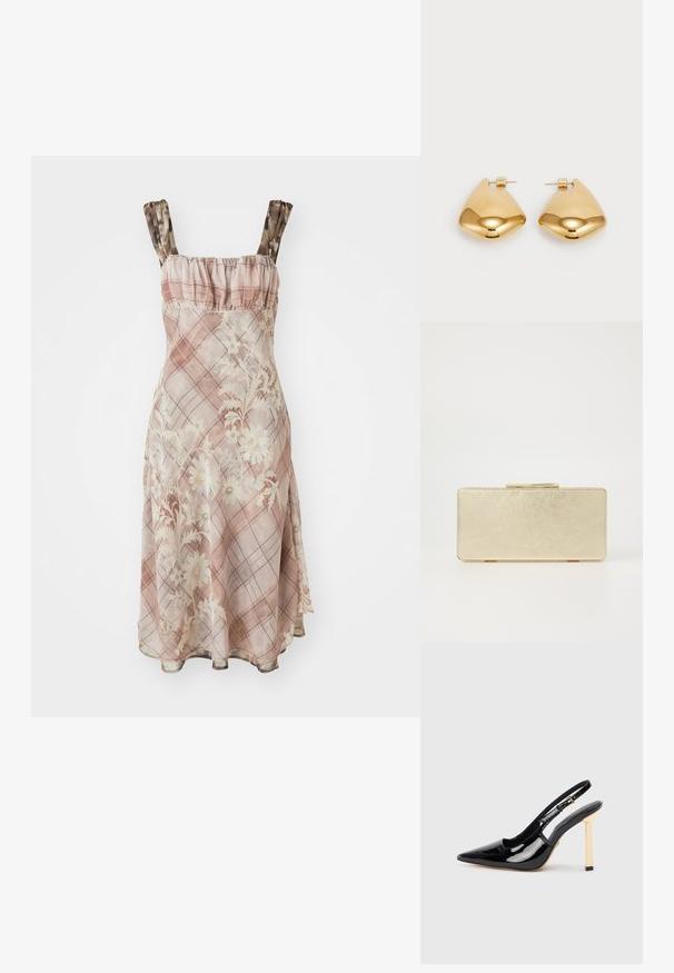 Blomstrete kjole i rosa med volanghals og spaghetti-stropper. Stoffet har en gjennomsiktig tekstur med rutete mønster.; Sorte patentlær slingback høyhælte sko med spiss tå og gullfarget firkantet hælaccent. Har justerbar ankelrem.; Gull clutch-veske med en jevn metallisk finish, rektangulær form og en enkel lås. Ingen synlige mønstre eller dekorasjoner.; Øreringer i gulltone laget av metall, med en glatt, avrundet trikantform og stift-bakdesign; reflekterende overflate med minimal detaljer.