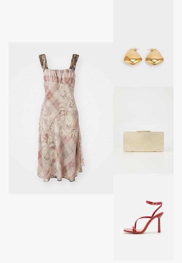 Floral-patterned dress in pink, featuring a ruffled neckline and spaghetti straps. The fabric has a sheer texture with a checked design.; ALDO SCINTILLA - High heeled sandals - red; Gold clutch purse with a smooth metallic finish, rectangular shape, and a simple clasp closure. No visible patterns or decorations.; Gold-tone metal earrings with a smooth, rounded triangular shape and post-back design; reflective surface with minimal detailing.