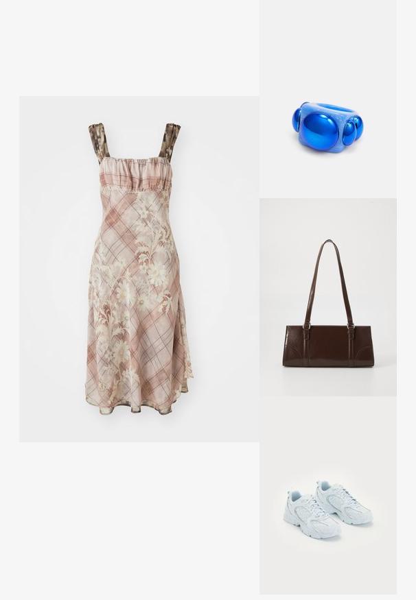 Vaaleanpunainen kukkakuosiset mekko, jossa on röyhelökaula-aukko ja ohuet hihnat. Kankaan pinta on läpikuultava ja siinä on ruutukuosi.; Vaaleansinisen väriset urheilujuoksukengät, joissa on verkkokankainen ja synteettinen päällinen, valkoisilla pilkuilla ja heijastavilla yksityiskohdilla. Kengissä on nauhakiinnitys ja pehmustetut pohjat.; Ruskea patentoitu nahkalaukku, jossa on suorakaiteen muotoinen malli, kaksi pitkää kantohihnaa ja hienovaraiset kaarevat yksityiskohdat etuosassa.; Sininen hartsirengas, jossa on kolme kiiltävää, pallomaista koristetta, tasaisella pinnalla ja pyöreällä muodolla. Keskikokoinen ja tukeva muotoilu.