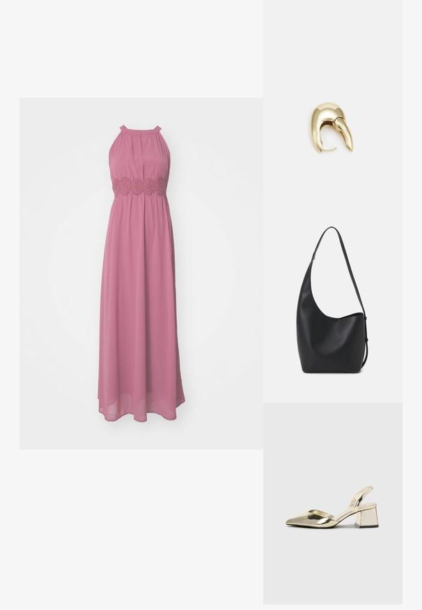 Maxi šaty z jemne ružového materiálu s halter golierom, plisovaným telom a čipkovým pásom. Plynulý dizajn s dlhou sukňou.; Zlaté kovové lodičky na podpätku so špicatou špičkou a robustným podpätkom. Hladký povrch, minimalistický dizajn a úzka remienok.; Čierna kožená hobo taška so hladkou textúrou, zakriveným tvarom a jedným nastaviteľným popruhom; má široké otvorenie na vrchu.; Náušnice z kovu v zlatej farbe s elegantným, zakriveným dizajnom. Majú charakteristický špicatý tvar, leštený povrch a uzáver na pánt.