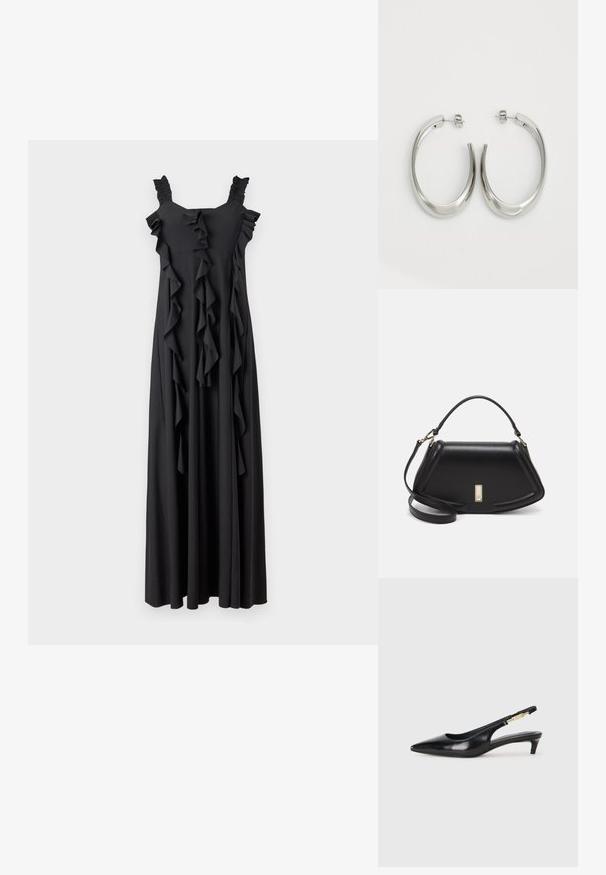 Zwarte maxi-jurk met gerimpelde accenten, vierkante halslijn en gatherings op de schouderbandjes. Gemaakt van zachte stof, heeft het verticale rimpels aan de voorkant.; Zwarte leren slingback hakken met een spitse neus, voorzien van een slanke hak en een goudkleurige accent op de verstelbare band. Gladde textuur.; Zwarte leren handtas met een gestructureerd ontwerp, featuring een verkorte vorm, bovenhandvat en gouden hardwareaccent. Inclusief verstelbare schouderband.; Zilveren oorringen met een gladde, gebogen vorm. Voorzien van een glanzende metallic afwerking en studsluiting. Geen zichtbare patronen of accenten.