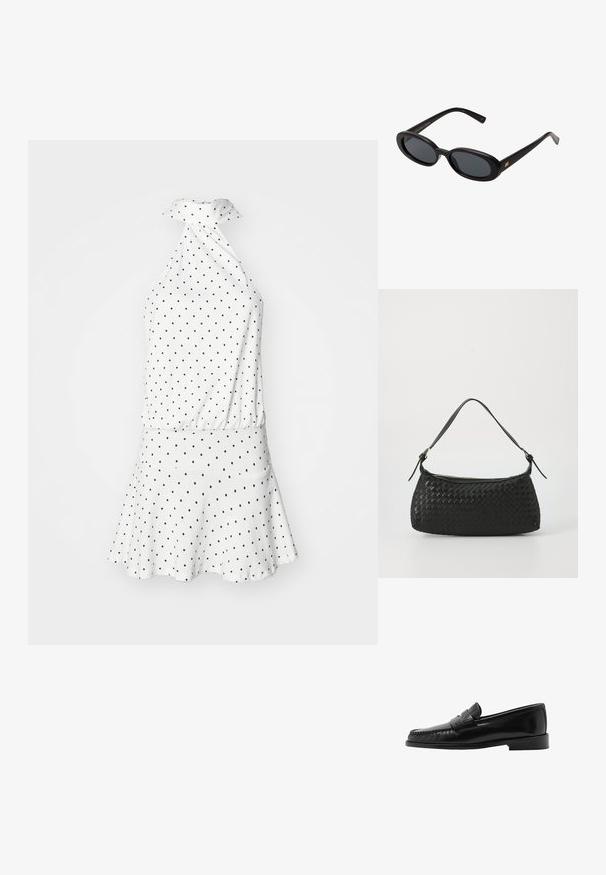 Vit halterneckklänning med svarta prickar, utsvängd kjol och rynkad midja. Mjuk tyg med en slät textur. Knytning i nacken.; Svart läderloafer med en kurvad silhuett, dekorativ rem, strukturerad sömnad och en platt gummisula. Slät yta och elegant design.; Svarta överdimensionerade solglasögon med ovala linser, slät plastbåge och guldaccent på bågarna. Mörka linser ger solskydd.; Svart vävd axelväska med ett slätt läderhandtag och dragkedjestängning. Har en strukturerad yta och en böjd form.