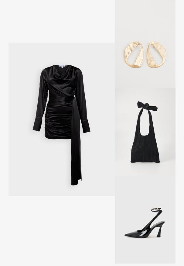 Black satin dress with long sleeves, cowl neckline, ruched detailing, and a tied waist. Smooth texture with a sleek fit, highlighting curves.; Black patent leather slingback high heels with a pointed toe, adjustable ankle strap, and a moderate block heel. Smooth texture with glossy finish.; Loeffler Randall BOBBY PLEATED TOTE - Handbag - black; Pair of irregular oval-shaped gold-toned metal earrings with a textured, slightly hammered surface on a white background.
