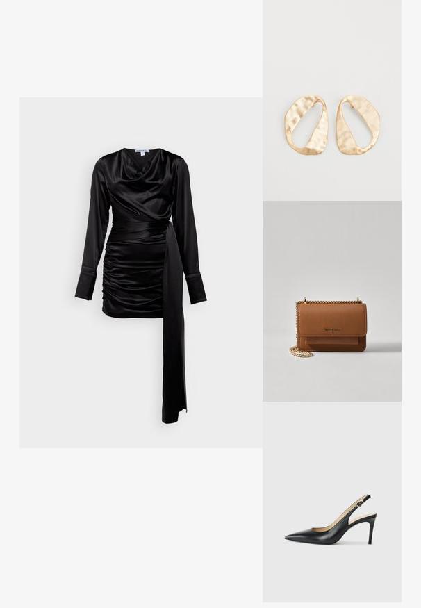 Svart satin klänning med långa ärmar, draperad halsringning, rynkdetaljer och knytning i midjan. Slät textur med en elegant passform som framhäver kurvor.; Svarta läder slingback-högklackade skor med spetsig tå, justerbar rem och en smal stilettklack, med en slät finish.; Brun texturerad läder crossbody-väska med guldkedja och klaffstängning. Framsidan har logotypdetalj och en ficka under klaffen.; Ett par oregelbundna ovalformade örhängen i guldtonad metall med en strukturerad, något hamrad yta på en vit bakgrund.