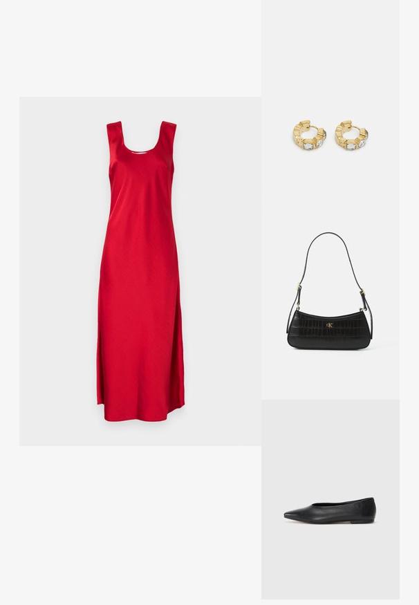 Vestido maxi vermelho, sem mangas, com decote quadrado e fendas laterais. Feito de um tecido suave, apresentando um design simples e elegante.; Bailarina de couro preto, bico fino, design minimalista, textura suave, salto baixo, sem hardware ou embelezamentos visíveis.; Bolsa de mão em pele negra com textura de crocodilo, forma esguia e detalhes em dourado. Apresenta uma única alça de ombro e detalhe de logotipo em relevo.; Brincos de argola dourados com um design texturizado e três cristais transparentes em um lado, oferecendo uma estética geométrica moderna.
