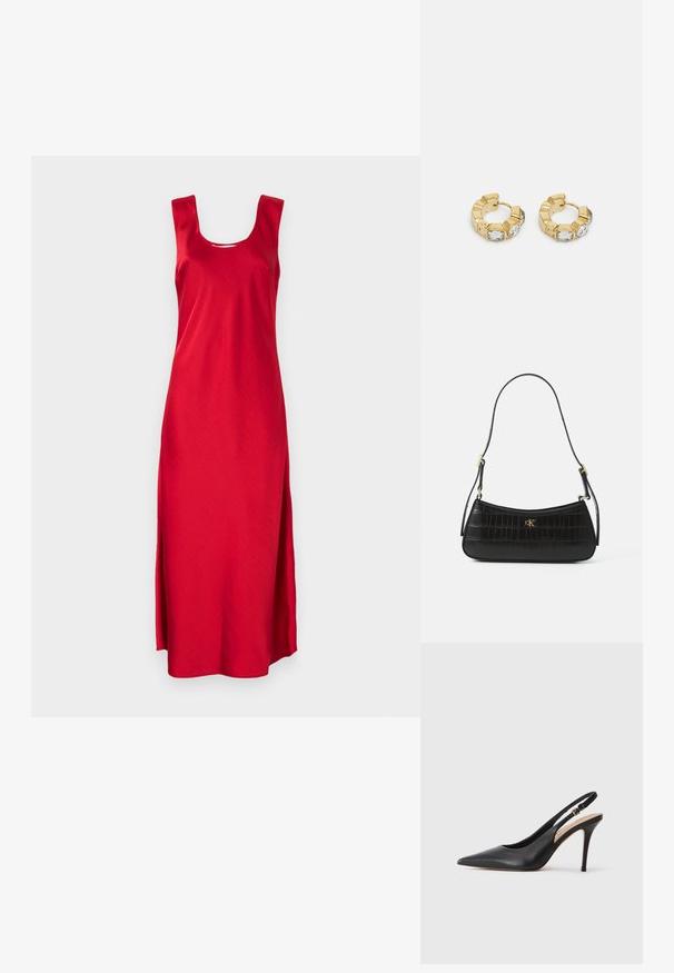 Rdeča dolga obleka brez rokavov s kvadratnim izrezom in stranskimi razporki. Narejena iz gladkega materiala, ki prikazuje preprost, poenostavljen dizajn.; Črne usnjene sandale s peto s konicami, gladko teksturo in nežnim trakom z kovinsko zaponko.; Črna usnjena torbica s teksturo krokodila, vitke oblike in zlatim okovjem. Ima enojni naramnico in izboklino logotipa.; Zlati uhani v obliki obroča z teksturiranim dizajnom in tremi prozornimi kristalnimi poudarki na eni strani, ki ponujajo sodoben geometrijski estetski videz.