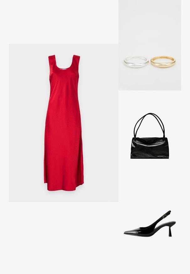 Rotes, ärmelloses Maxikleid mit quadratischem Ausschnitt und Seitenschlitzen. Aus glattem Stoff gefertigt, zeigt es ein einfaches, schnörkelloses Design.; Schwarze Lackleder Slingback-Pumps mit spitzem Zeh, ausgeschnittenen Seiten, verstellbarem Knöchelriemen und einem dünnen, eleganten Absatz.; Schwarze Lederhandtasche mit einer glatten Oberfläche, rechteckiger Form und zwei langen Griffen. Einfaches Design ohne sichtbare Beschläge oder Verzierungen.; Zign 2 PACK - Armband - gold-coloured/silver-coloured