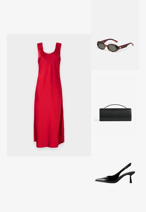 Červené maxi šaty bez rukávů s hranatým výstřihem a bočními rozparky. Vyrobené z hladkého materiálu, dokonale vystihující jednoduchý a elegantní design.; Černé lakované kožené lodičky na podpatku s špičatou špičkou, výřezy na stranách, nastavitelným páskem kolem kotníku a tenkým, elegantním podpatkem.; Sluneční brýle ve stylu želvoviny s tmavými skly, oválným tvarem a širokými obrubami. Na boční straně je malý zlatý akcent. Hladký plastový materiál.; Černá pletená kožená kabelka do ruky s obdélníkovým tvarem, tenkým uchem a jemnými zlatými kovovými detaily.