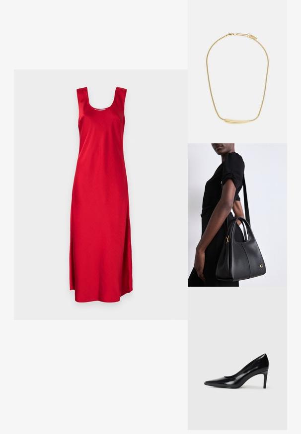 Sarkans, bezpiedurkņu maksikleita ar kvadrātveida dekoltē un sānu šķietām. Izgatavota no gludas auduma, izceļot vienkāršu, plūstošu dizainu.; Melnas ādas augstpapēžu kurpes ar norādītu purngali, gludu tekstūru un šauru papēdi. Minimālistisks dizains, bez papildu rotājumiem.; Melnas ādas rokassomi ar hobo formu, ar gludu tekstūru, noapaļotu augšpusi un zelta apdari.; Zelta apšuvuma kaklarota ar gludu, izliekta centrālo akcentu. Iekļauj elastīgu ķēdi ar homaru slēdzeni un papildu regulējamām ķēdes saitēm.