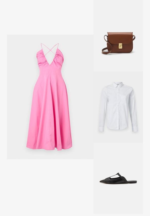 Ružová maxi šaty s hlbokým V výstrihom, nariasením a krížením ramienok na chrbte. Vyrobené z hladkej látky, majú splývavú, áčkovú sukňu.; Biely dlhý rukáv košeľa vyrobená z bavlny. Má gombíkovú prednú časť, špicatý golier a náprsné vrecko na ľavej strane.; Čierne kožené sandále so špičatou špičkou, ktoré majú tkaný detail a zborený dizajn vrchnej časti. Plochá podrážka s minimálnym hardvérom.; Hnedá kožená kabelka s klopou, zlatými kovovými prvkami, ramenným popruhom a hladkým povrchom. Kompaktný obdĺžnikový tvar.