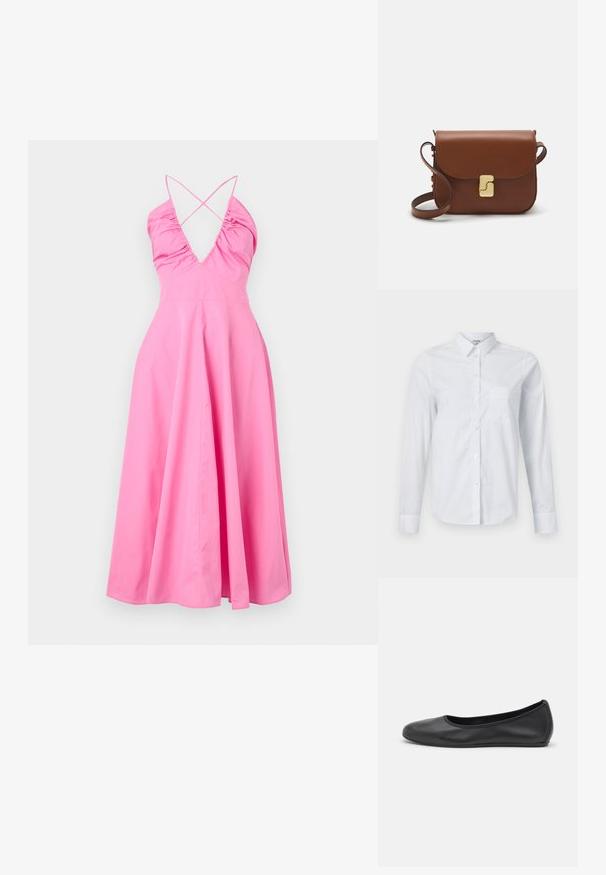 Abito maxi rosa con scollatura a V profonda, dettagli arricciati e spalline incrociate sul retro. Realizzato in tessuto morbido, presenta una gonna fluida e svasata.; Camicia bianca a maniche lunghe realizzata in cotone. Presenta un'apertura a bottoni sul davanti, colletto a punta e una tasca sul petto sul lato sinistro.; Pantofole da balletto nere in pelle con punta arrotondata, texture liscia, dettagli di cucitura minimi e design con suola flessibile.; Borsa a tracolla in pelle marrone con chiusura a pattina, hardware color oro, tracolla e una finitura liscia. Forma rettangolare compatta.