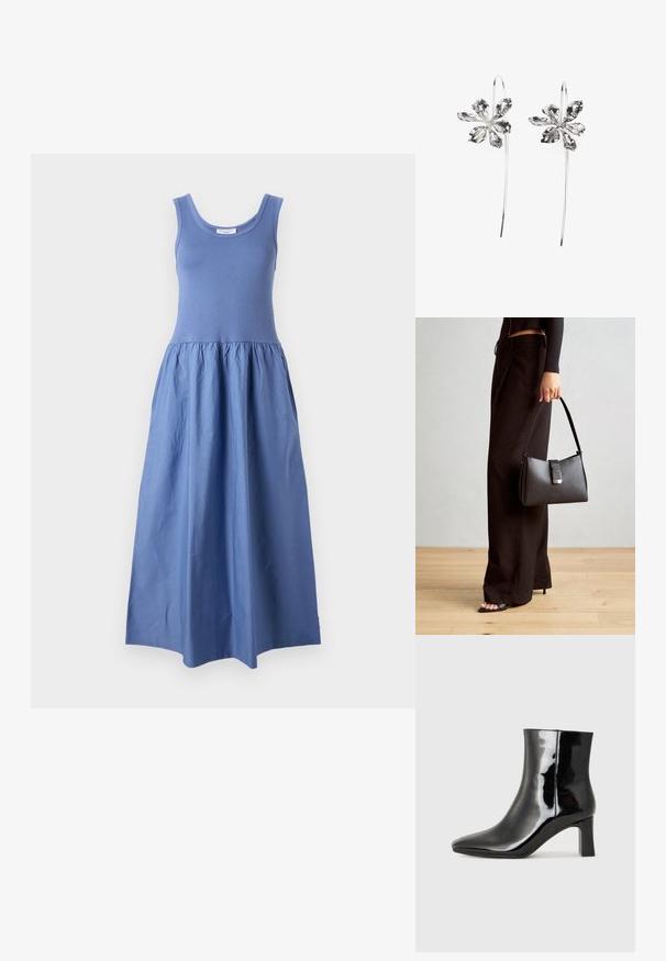 Ujjatlan, világoskék maxiruha. Feszes fazonú, kerek nyakú felsőrész, amelyhez könnyű anyagból készült, laza, redőzött szoknya tartozik.; Fekete lakk bőrcipő bokáig érő, hegyes orral és közepes magasságú tömbsarokkal. Simább textúrával és minimalista dizájnnal rendelkezik.; Fekete kézi táska strukturált formával, sima textúrával és fémből készült záródással. Széles fekete nadrággal és nyitott orrú szandállal párosítva, fából készült padlón.; Ezüst virágformájú fülbevalók, texturált felülettel, hosszú akasztókkal és szirmokra hasonlító részletekkel az összetett dizájn érdekében.
