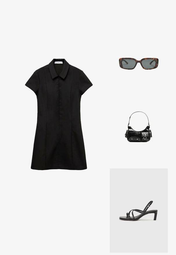 Abito nero a maniche corte con colletto, caratterizzato da un corpetto aderente e una gonna svasata. Realizzato in tessuto liscio con un design pulito e minimalista.; Sandalo nero con cinturini, dalla punta squadrata e tacco basso a blocco. Presenta diversi cinturini sottili e una cinturini regolabile alla caviglia. Realizzato in pelle liscia.; Occhiali da sole tartaruga con lenti rettangolari, montatura spessa e lenti scure. Texture liscia e design minimalista.; Borsa a spalla in vernice nera con forma curvata, una tracolla, tasche frontali e dettagli in metallo argentato.