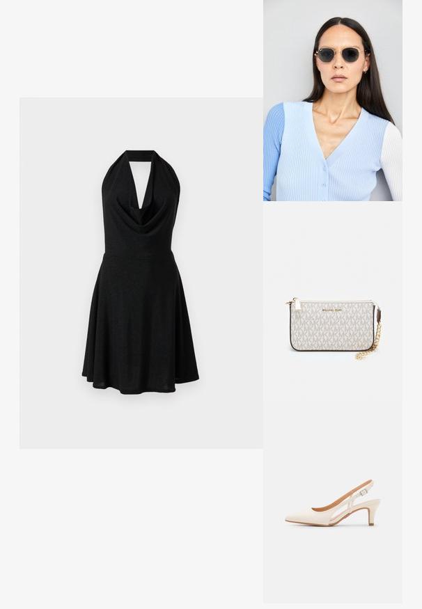 Melnā halter kleita ar platu dekoltē un pieguļošu augšdaļu, kā arī izplūdušu svārku. Izgatavota no mirdzoša, teksturēta auduma.; Baltas siksniņveida papēdis ar smailu purngalu, gludu augšējo materiālu, zemu blokpapēdi un sānu izgriezumu dizainu ar regulējamu sprādzi.; Apaļas saulesbrilles ar tumšiem objektīviem un zeltītām rāmēm. Modelis valkā gaiši zilu, ribotu kardigānu ar pogām un kontrastējošām baltām piedurknēm.; Michaela Korsa rokassomi bez̦ā īšojuma, kas izgatavota no apklāta kanvas, iekļaujot atkārtotu MK logotipa rakstu, zelta aparatūru un noņemamu ķēdes siksnu.