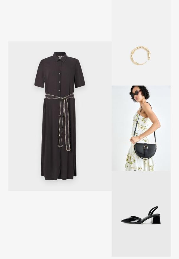 Svart skjortklänning med korta ärmar, knäppning fram och ett matchande bälte med en kontrasterande dekorativ söm.; Svarta lackläder slingback klackar med spetsig tå och geometrisk klack. Har en elegant, minimalistisk design och slät yta.; Svart läderhandväska med en böjd form, avtagbar rem och guldiga detaljer. Väskan har ett lock med en spänndetalj.; Ring i guldutförande med en organisk, vriden design, slät yta och avsmalnande ändar, vilket ger ett modernt, skulpturalt utseende.