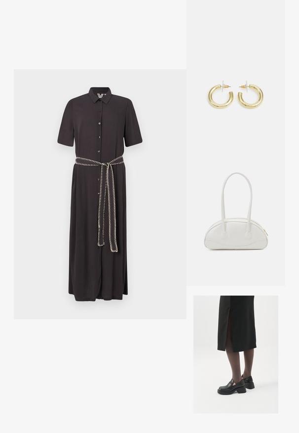 Czarna sukienka koszulowa z krótkimi rękawami, zapinana na guziki z przodu, z pasującym paskiem, który ma kontrastowe dekoracyjne przeszycie.; Czarne skórzane buty z okrągłym noskiem, grubym blokowym obcasem i elastycznymi akcentami po bokach, zestawione z ciemnymi rajstopami i czarną spódnicą z rozcięciem.; Even&Odd - Torebka; Złote kolczyki w kształcie kółek o gładkim, błyszczącym wykończeniu. Okrągły design z małym klipsem i przezroczystym zapięciem zapewniającym bezpieczne noszenie.