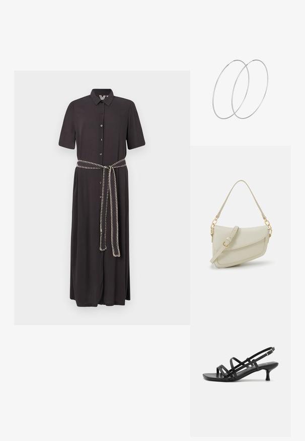 Schwarzes Hemdblusenkleid mit kurzen Ärmeln, durchgehender Knopfleiste und einem passenden Gürtel mit kontrastierenden dekorativen Stickdetails.; Schwarze High Heels Sandalen mit mehreren überkreuzten Riemen. Glattes Material, spitze Zehenpartie und schmaler Absatz. Verstellbarer Knöchelriemen mit Schnalle.; Kleine cremefarbene Handtasche mit strukturiertem Finish, einem langen verstellbaren Tragegurt, einem Kettenakzent und einem Klappenverschluss. Goldene Hardware-Details.; Silberne Creolen mit minimalistischem Design. Rundform, glatte Oberfläche und dünnes Profil. Leichtgewichtig mit hochglänzender Oberfläche.