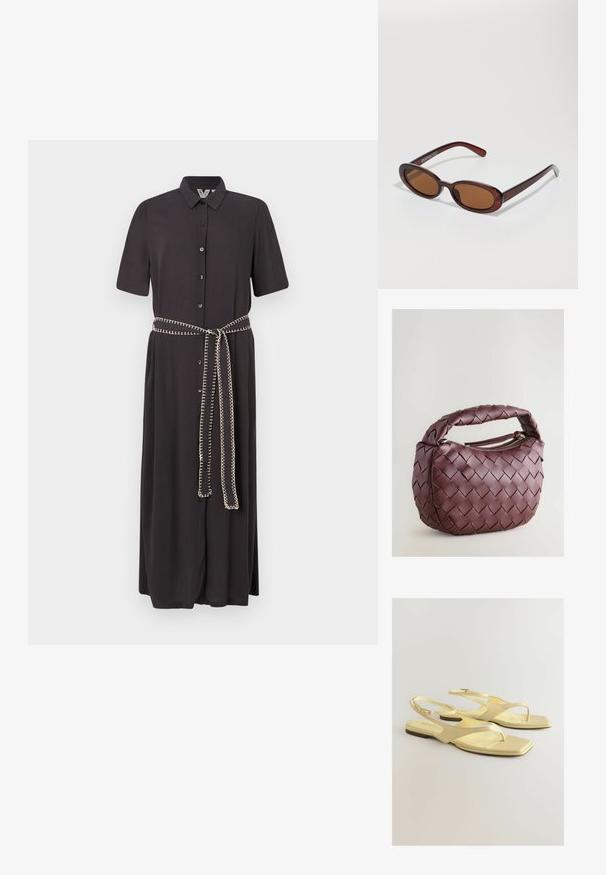 Czarna sukienka koszulowa z krótkimi rękawami, zapinana na guziki z przodu, z pasującym paskiem, który ma kontrastowe dekoracyjne przeszycie.; Żółte płaskie sandały z teksturowanym, sztucznym skórzanym wierzchem, projekt z paskiem na palcach oraz paskiem wokół kostki z małym zapięciem. Kwadratowy kształt palców, minimalistyczny styl.; Okrągłe, brązowe okulary przeciwsłoneczne z błyszczącą bordową oprawą. Cienkie ramiona z subtelnym detalem marki. Płaski kształt soczewek.; Wielokolorowa torba skórzana w kolorze burgundowym, o zaokrąglonym kształcie, z grubym uchwytem i zamknięciem na zamek. Charakteryzuje się gładką teksturą oraz plecionym wzorem.